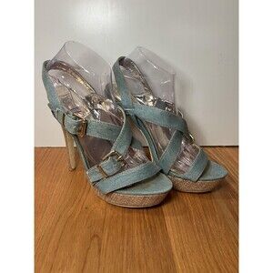 Heckik Shoes Womens Size 8.5 Blue Denim Cross Strap Platform High Heel Sandals